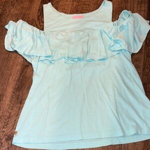 Lilly Pulitzer Light Blue Aqua Off-Shoulder Blouse Ruffle Cold Shoulder Modal